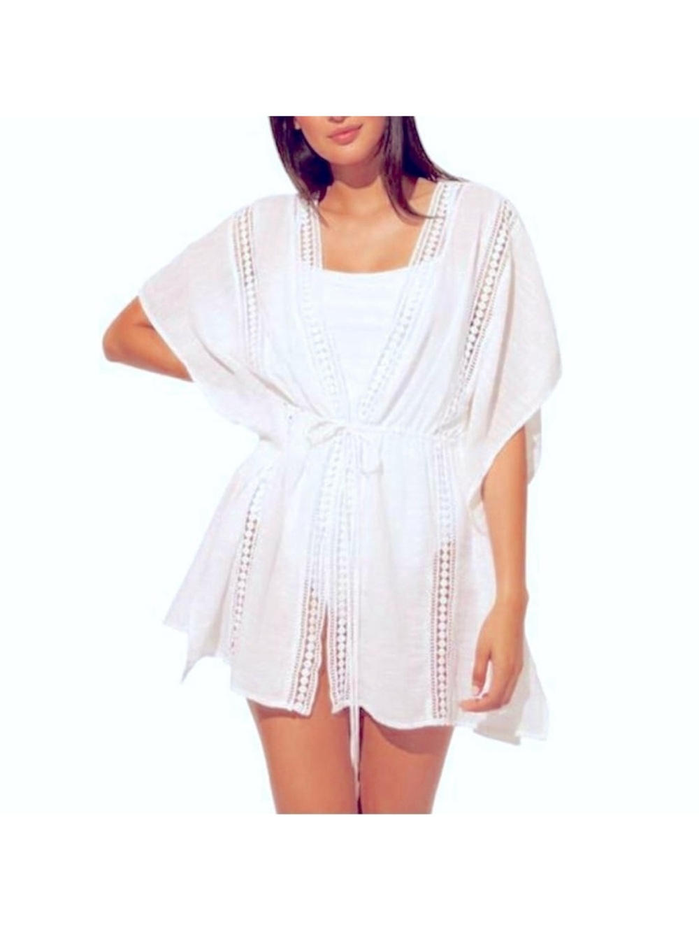 Bleu Rod Beattie White India Bazaar Swim Crochet Lace Front Tie Caftan Cover-Up